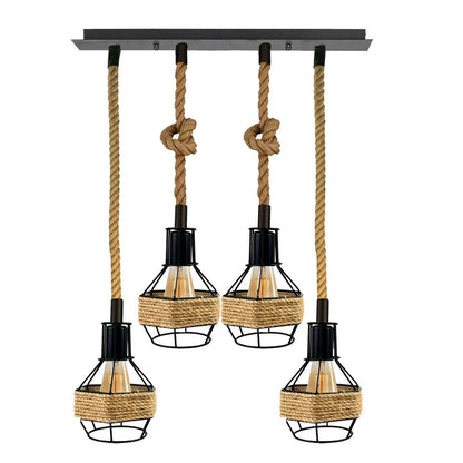 4-Light Hemp Rope Cage Bar Pendant – Black, E27 - Black, Round Cage, ST64 Bulb