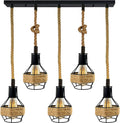5 Light Hemp Rope Bar Pendant – Rope-Wrapped Black Cages, E27 - Standard, Round Cage, ST64 Bulb