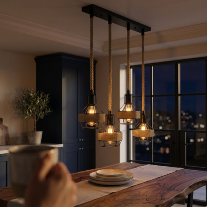 4-Light Hemp Rope Cage Bar Pendant – Black, E27 - photo 2