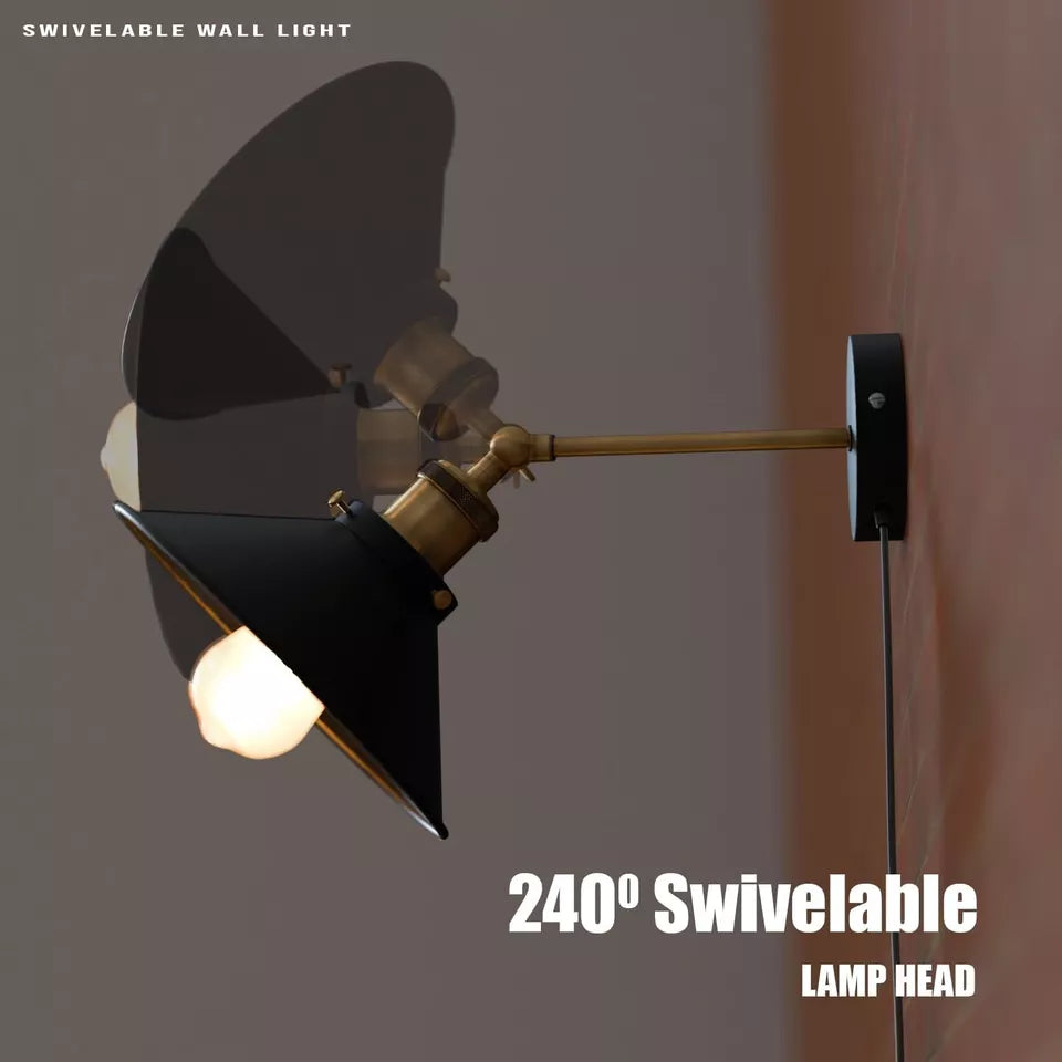 Swing Arm Wall Light with Black Cone Shade – Brass & Black, E27 - photo 4
