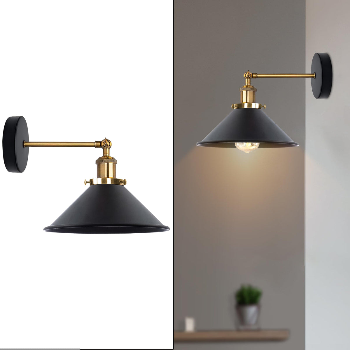 Swing Arm Wall Light with Black Cone Shade – Brass & Black, E27 - photo 6