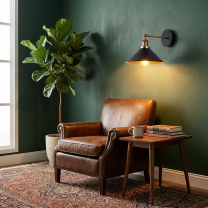 Swing Arm Wall Light with Black Cone Shade – Brass & Black, E27 - photo 7