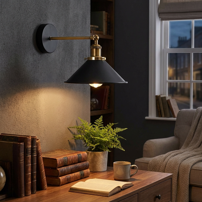 Swing Arm Wall Light with Black Cone Shade – Brass & Black, E27 - photo 8