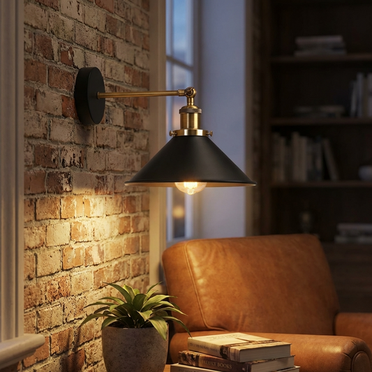 Swing Arm Wall Light with Black Cone Shade – Brass & Black, E27