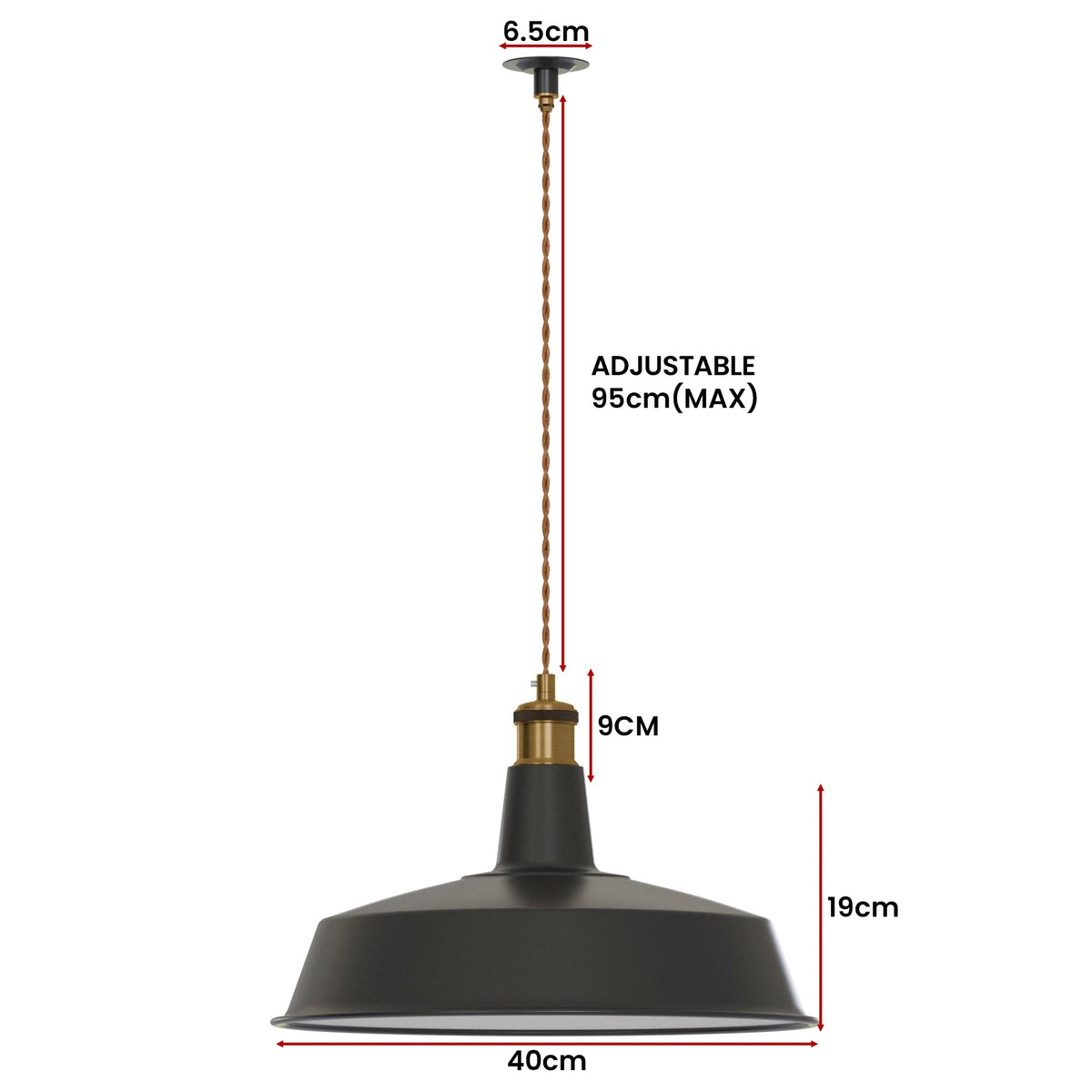 Industrial Enamel Pendant Light 40 cm – Black, Chain or Braided Cable - photo 3