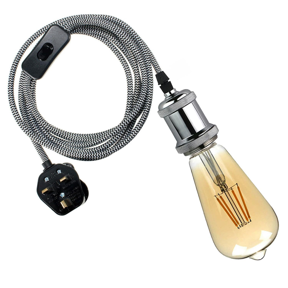 Plug-In Pendant Light – Twisted Black & White Cable, Chrome Holder, Switch - photo 2