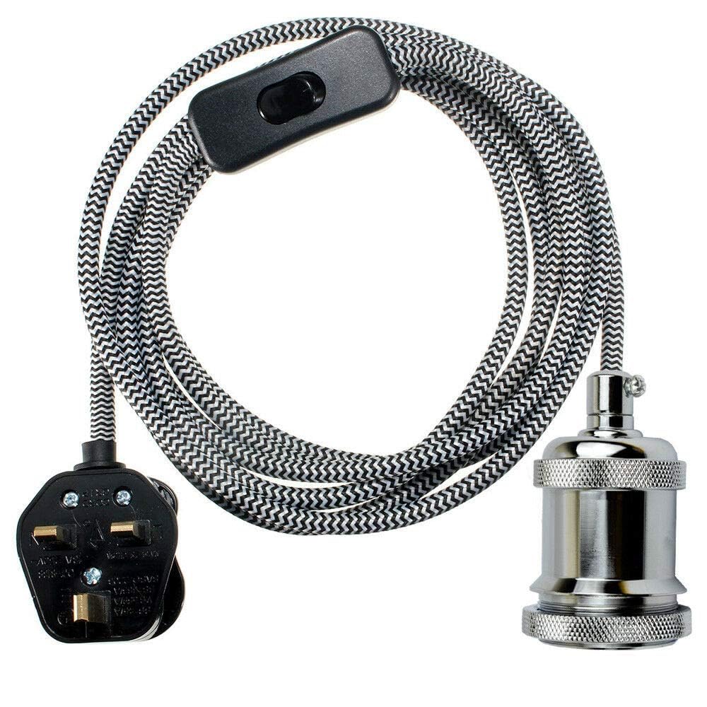 Plug-In Pendant Light – Twisted Black & White Cable, Chrome Holder, Switch
