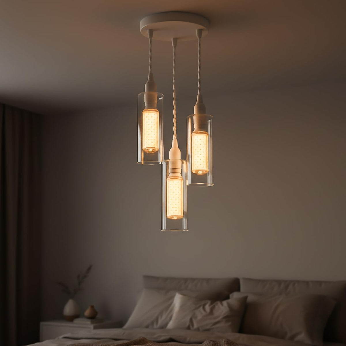 3-Light Glass Cylinder Pendant – White Cable, E14 LED Bulbs Included - photo 2