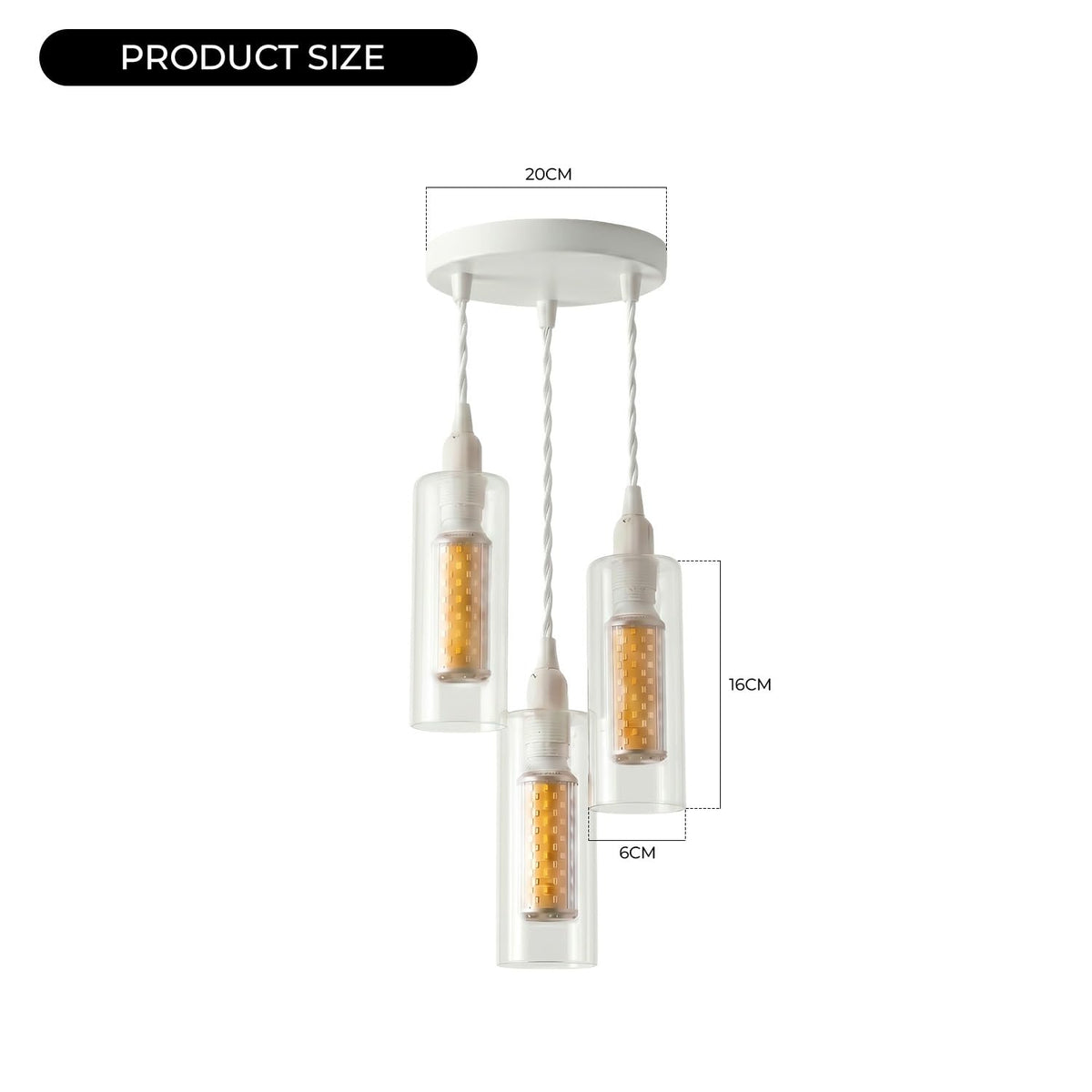 3-Light Glass Cylinder Pendant – White Cable, E14 LED Bulbs Included - photo 3