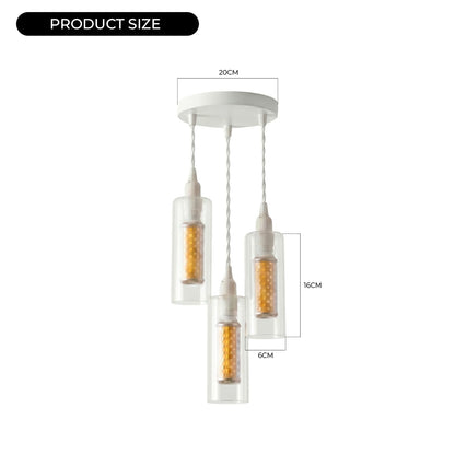 3-Light Glass Cylinder Pendant – White Cable, E14 LED Bulbs Included - photo 3