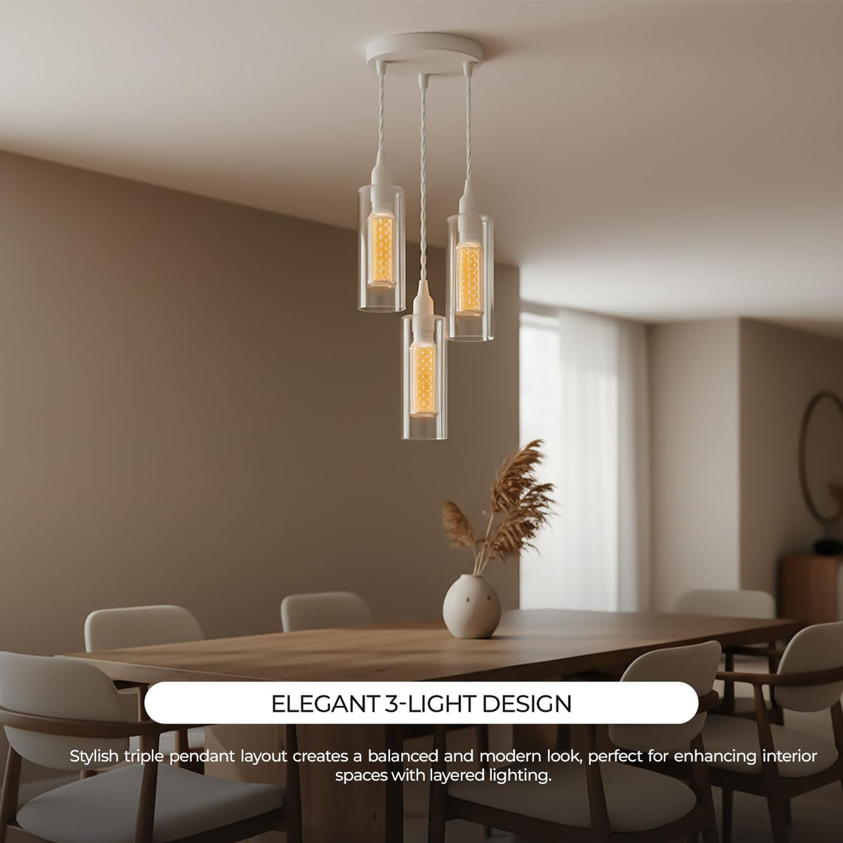 3-Light Glass Cylinder Pendant – White Cable, E14 LED Bulbs Included - photo 4