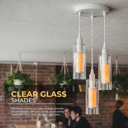 3-Light Glass Cylinder Pendant – White Cable, E14 LED Bulbs Included - photo 5