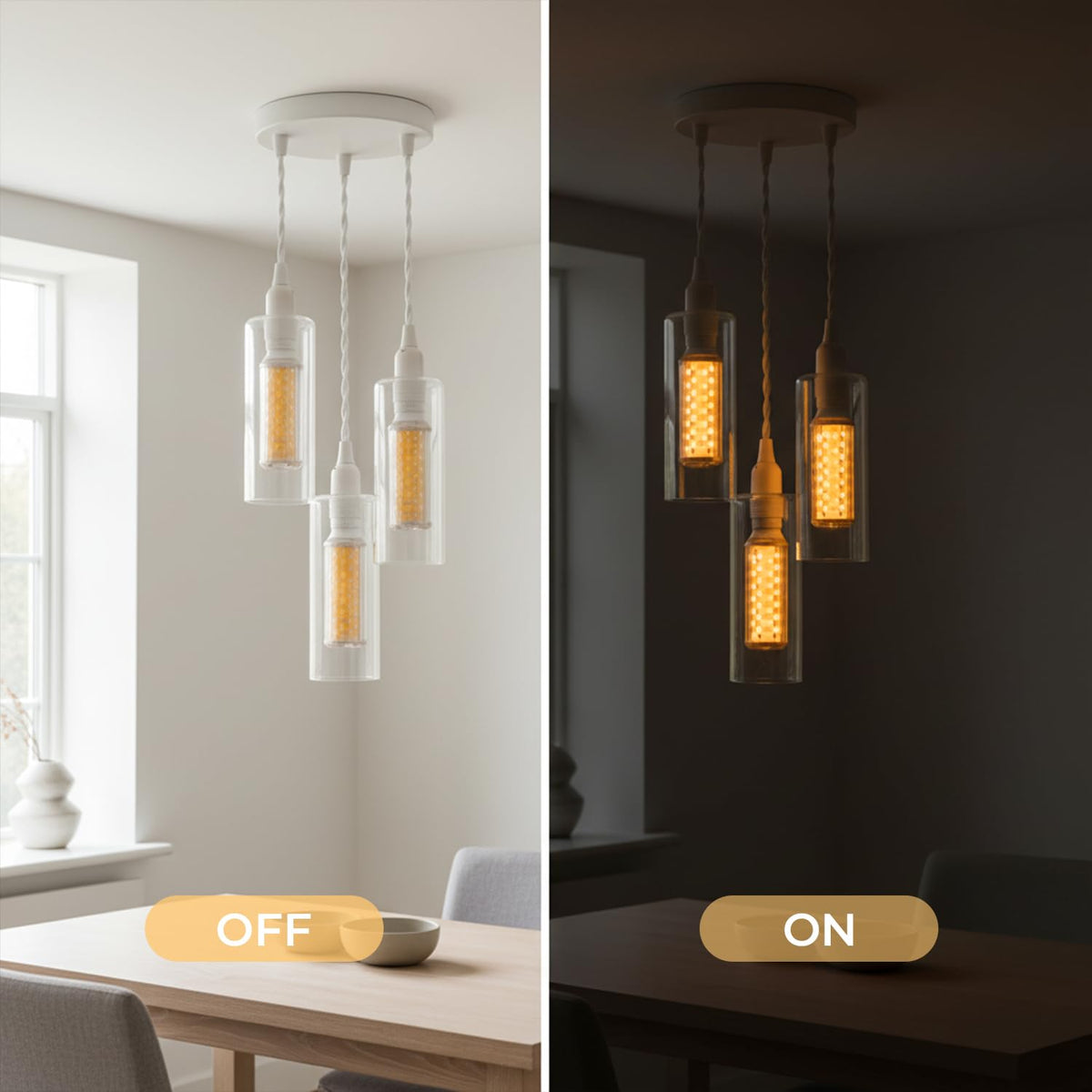 3-Light Glass Cylinder Pendant – White Cable, E14 LED Bulbs Included - photo 6