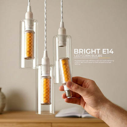 3-Light Glass Cylinder Pendant – White Cable, E14 LED Bulbs Included - photo 7