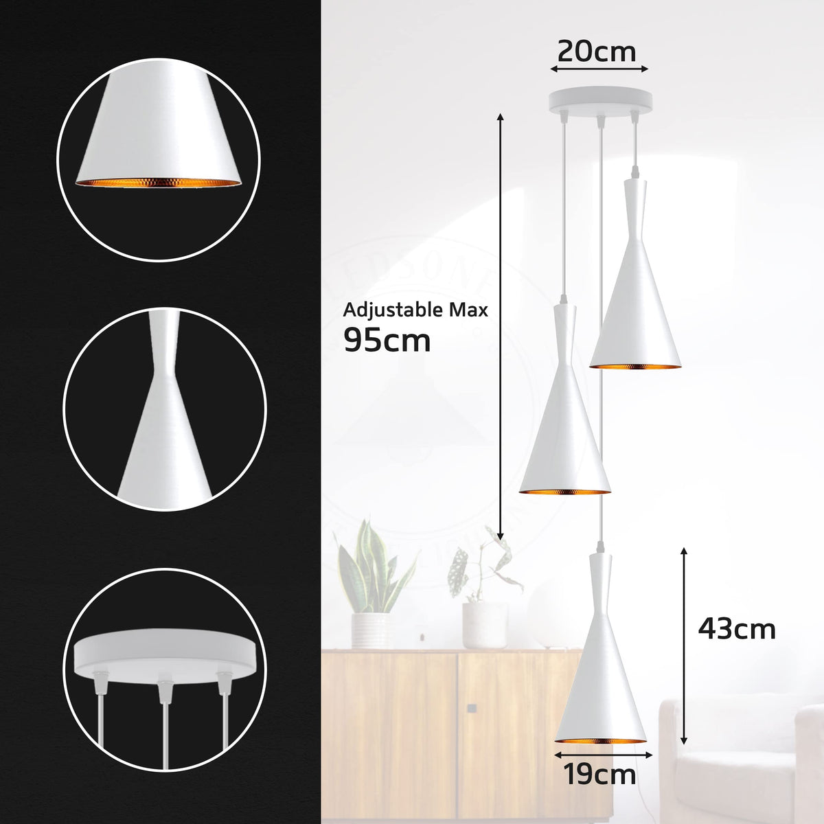 3-Light Cluster Pendant – White Tapered Shades with Gold Inside - photo 3