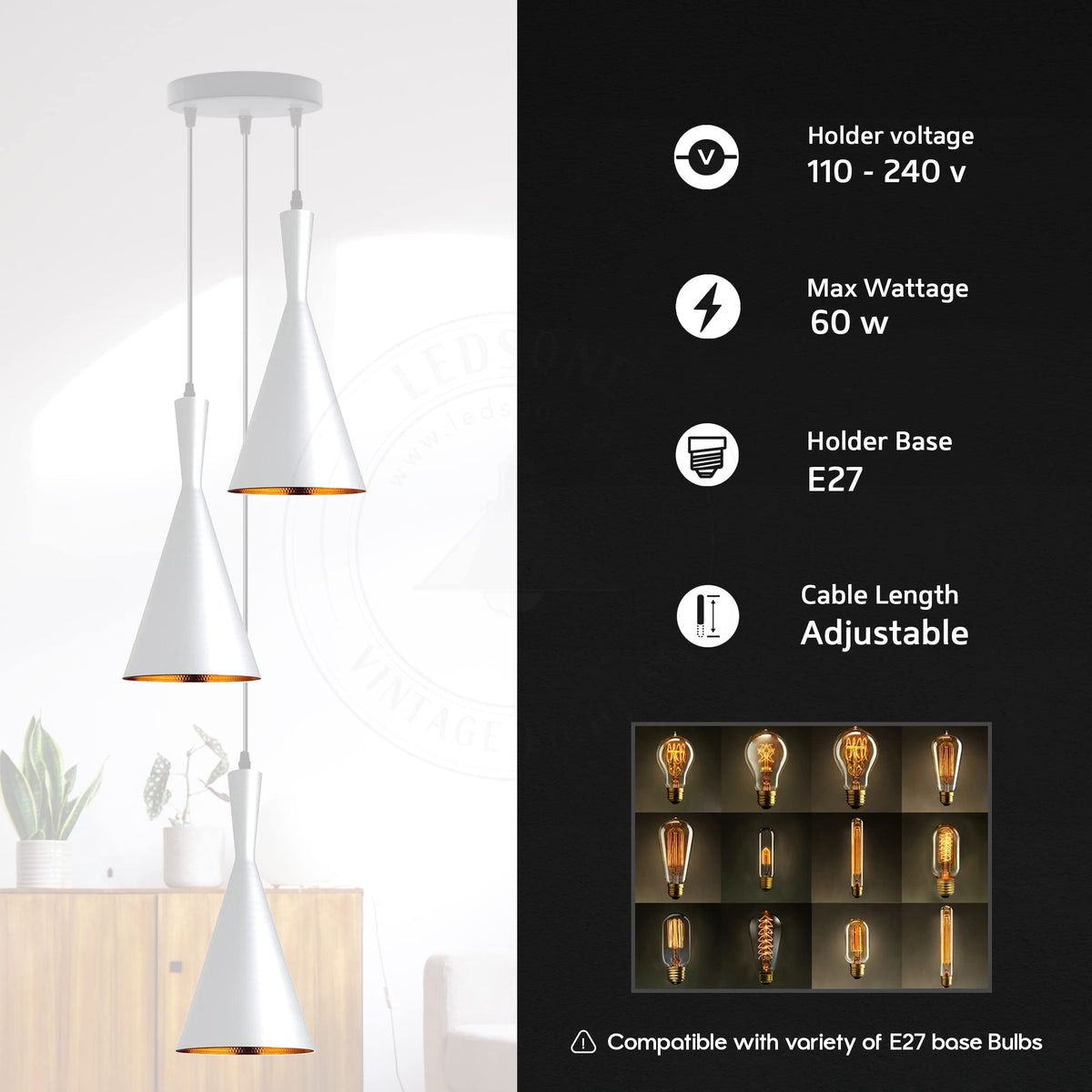 3-Light Cluster Pendant – White Tapered Shades with Gold Inside - photo 4