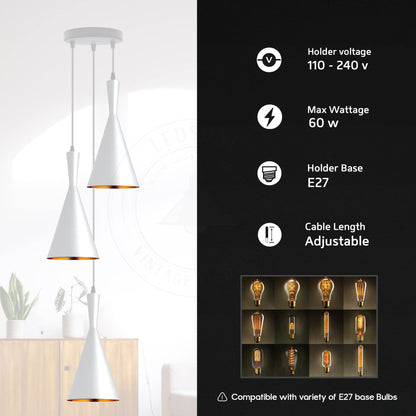 3-Light Cluster Pendant – White Tapered Shades with Gold Inside - photo 4