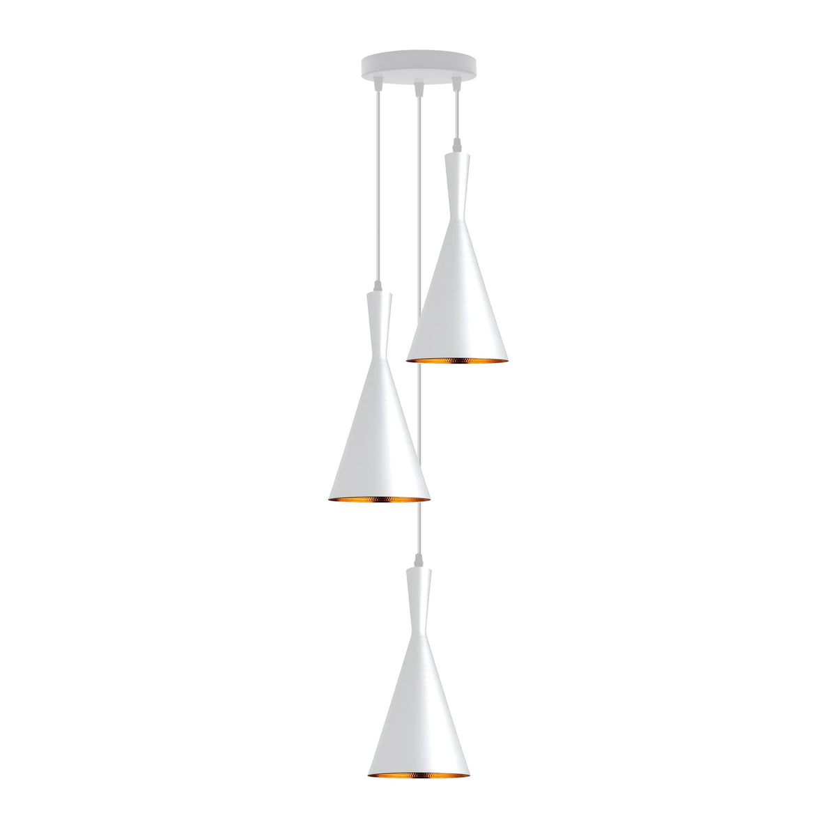 3-Light Cluster Pendant – White Tapered Shades with Gold Inside - Standard, White Tapered Shades, Without Bulb
