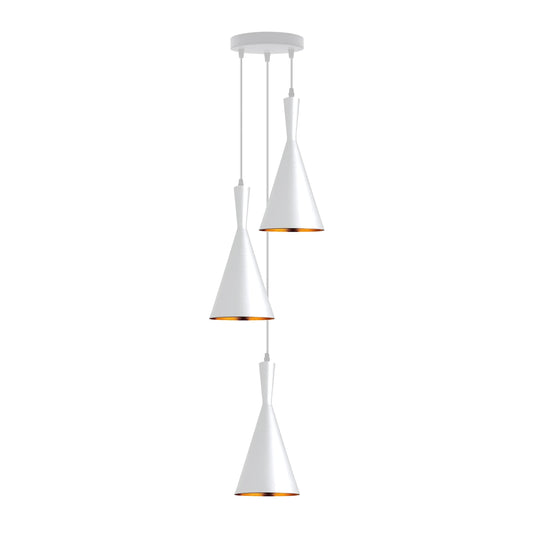 3-Light Cluster Pendant – White Tapered Shades with Gold Inside - Standard, White Tapered Shades, Without Bulb