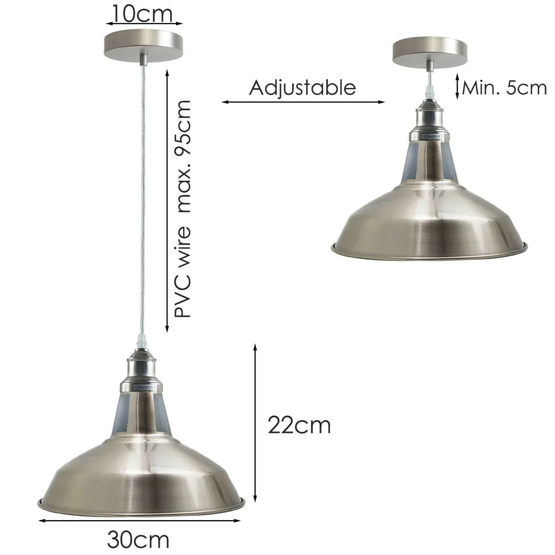 Chrome or Satin Nickel Pendant Light – Choice of Shade, E27 - photo 7