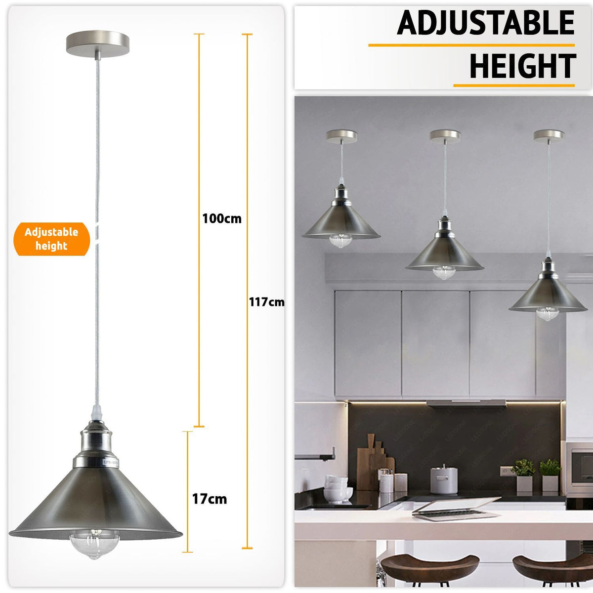 Chrome or Satin Nickel Pendant Light – Choice of Shade, E27 - photo 9