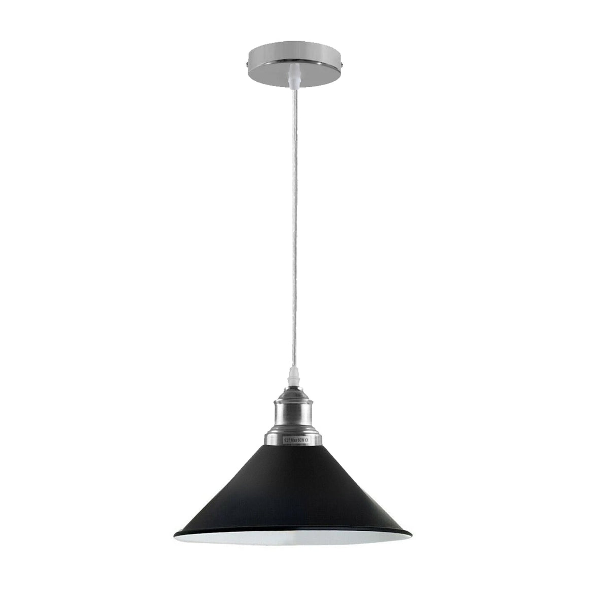 Chrome or Satin Nickel Pendant Light – Choice of Shade, E27 - Chrome, Flat Cone 22 cm Black & White Inner, Without Bulb
