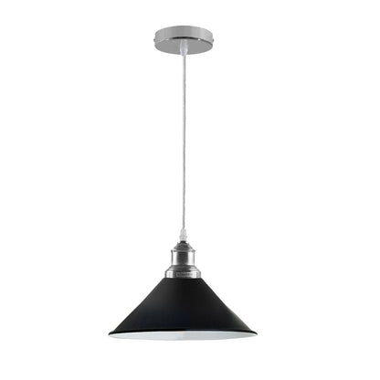 Chrome or Satin Nickel Pendant Light – Choice of Shade, E27 - Chrome, Flat Cone 22 cm Black & White Inner, Without Bulb