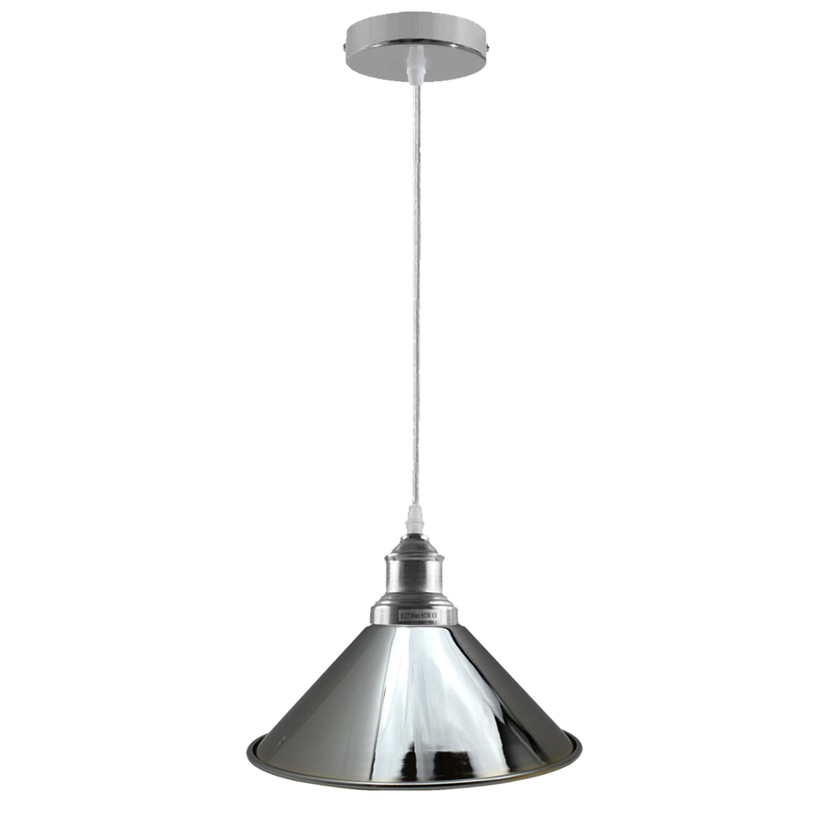 Chrome or Satin Nickel Pendant Light – Choice of Shade, E27 - Chrome, Flat Cone 22 cm Chrome 120 mm Rose, Without Bulb