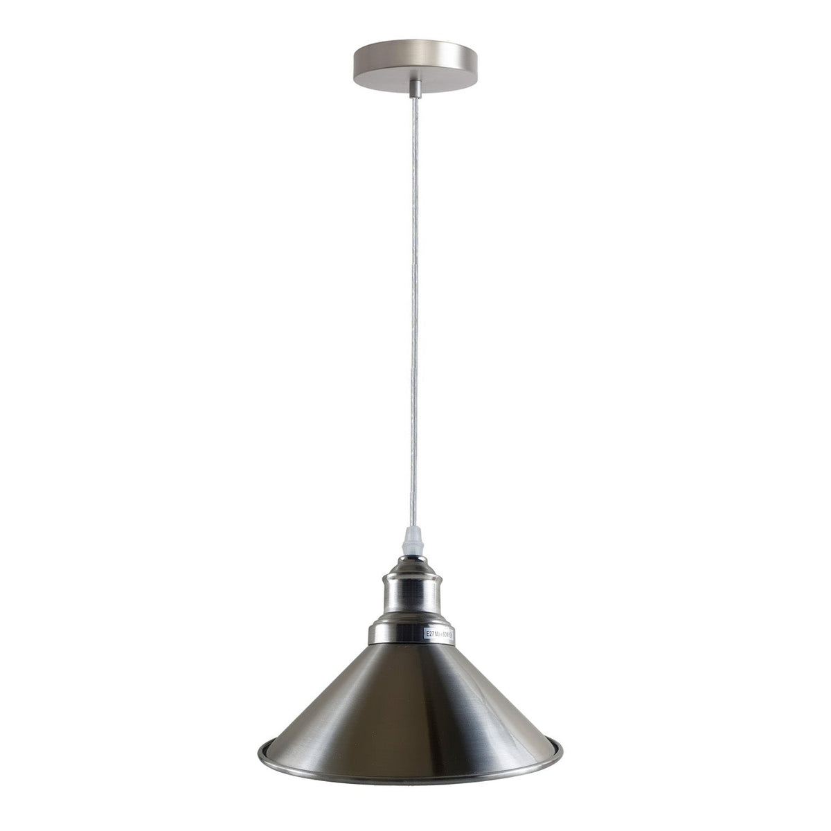 Chrome or Satin Nickel Pendant Light – Choice of Shade, E27 - Satin Nickel, Flat Cone 22 cm Satin Nickel, Without Bulb