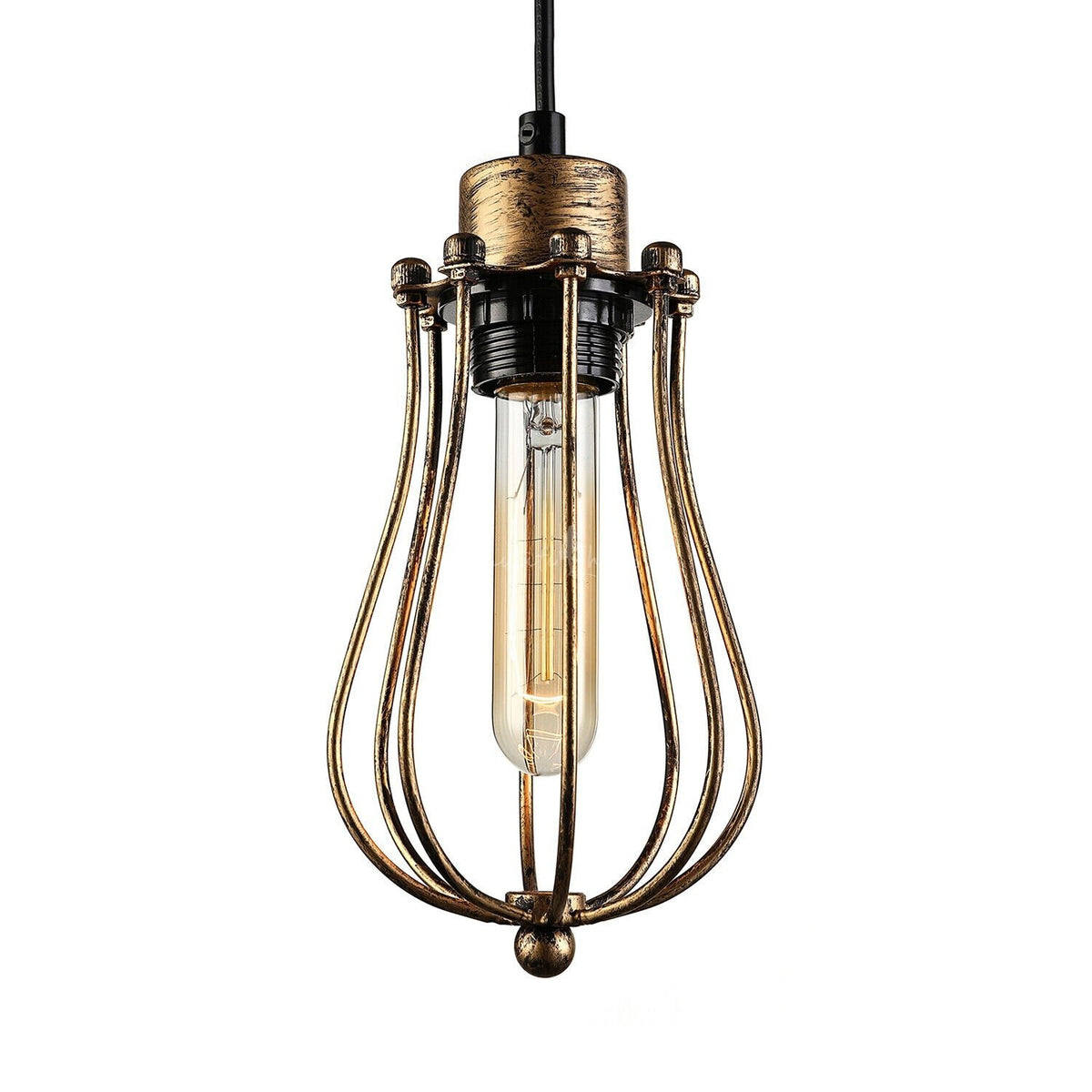 Industrial Cage Pendant Light – E27, 25+ Cage Styles & Colours - Brushed Copper, Round Cage Brushed Copper, T130 LED Bulb 4W
