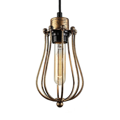 Industrial Cage Pendant Light – E27, 25+ Cage Styles & Colours - Brushed Copper, Round Cage Brushed Copper, T130 LED Bulb 4W