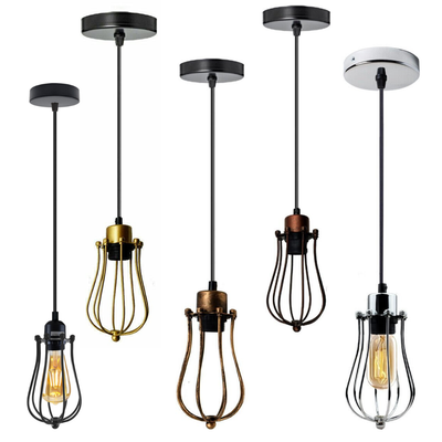Industrial Cage Pendant Light – E27, 25+ Cage Styles & Colours - Brushed Silver, Round Cage Brushed Silver, Without Bulb