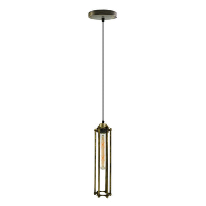 Industrial Cage Pendant Light – E27, 25+ Cage Styles & Colours - Green Brass, Tube Cage Brushed Brass, T185 LED Bulb 4W