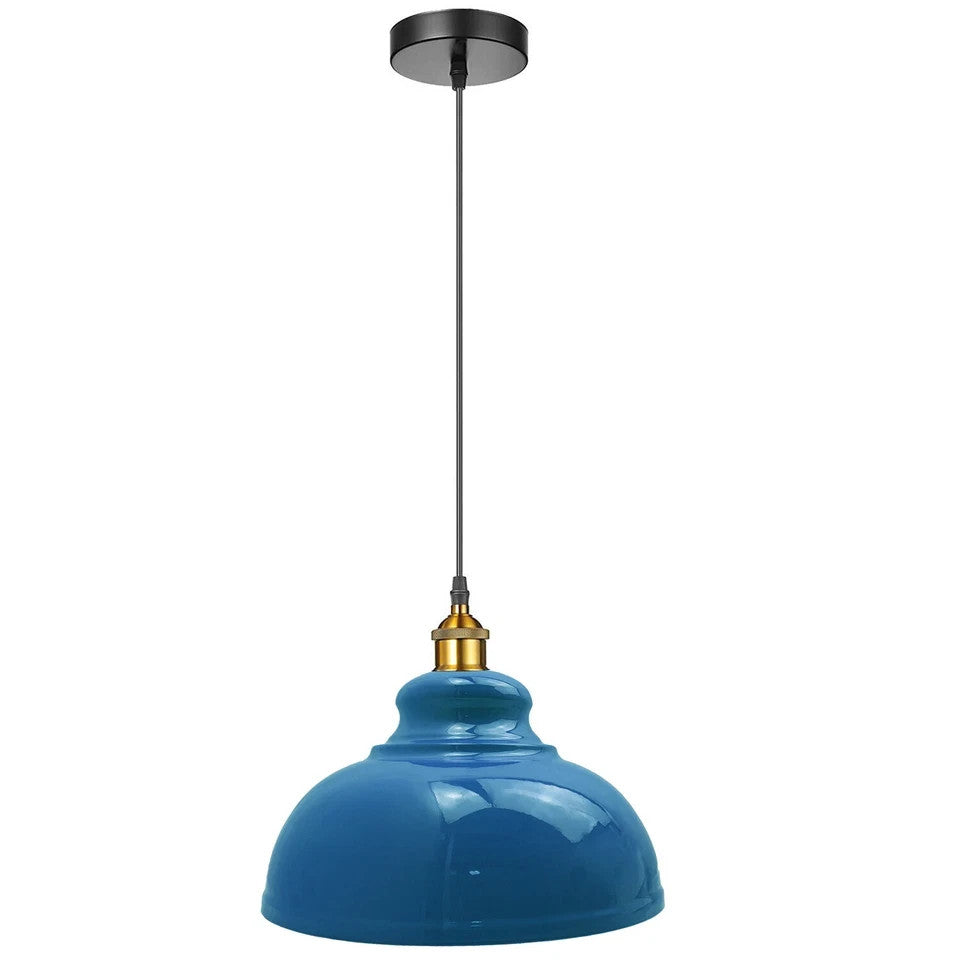 Brass Pendant Light – 25+ Metal Domes, Barn & Flat Shades, E27 - Yellow Brass, Curvy 29 cm Cyan Blue, Without Bulb
