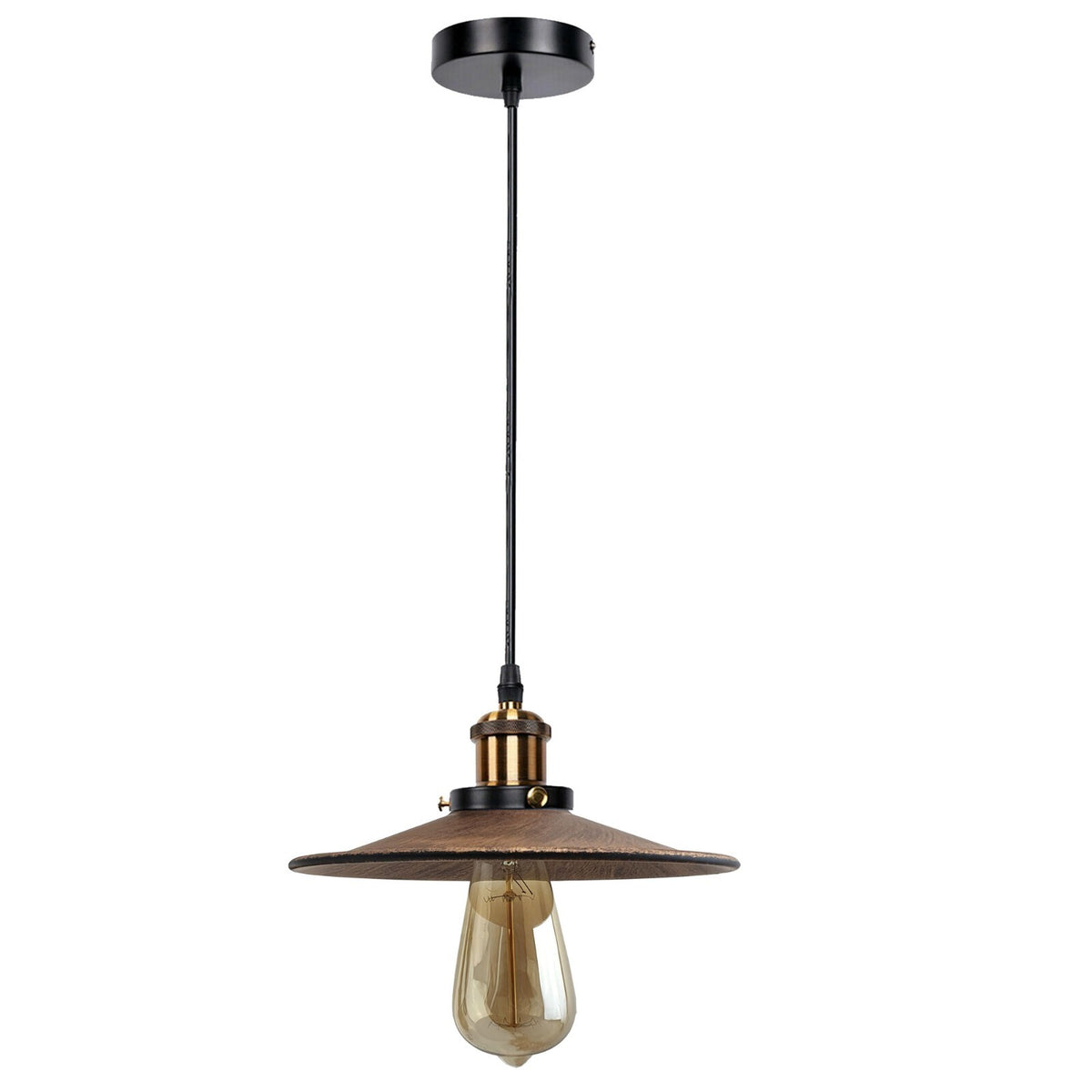 Brass Pendant Light – 25+ Metal Domes, Barn & Flat Shades, E27 - Yellow Brass, Wide Flat Shade Brushed Copper, ST64 LED Bulb 4W