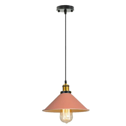 Brass Pendant Light – 25+ Metal Domes, Barn & Flat Shades, E27 - Yellow Brass, Flat Cone 22 cm Pink, ST64 LED Bulb 4W