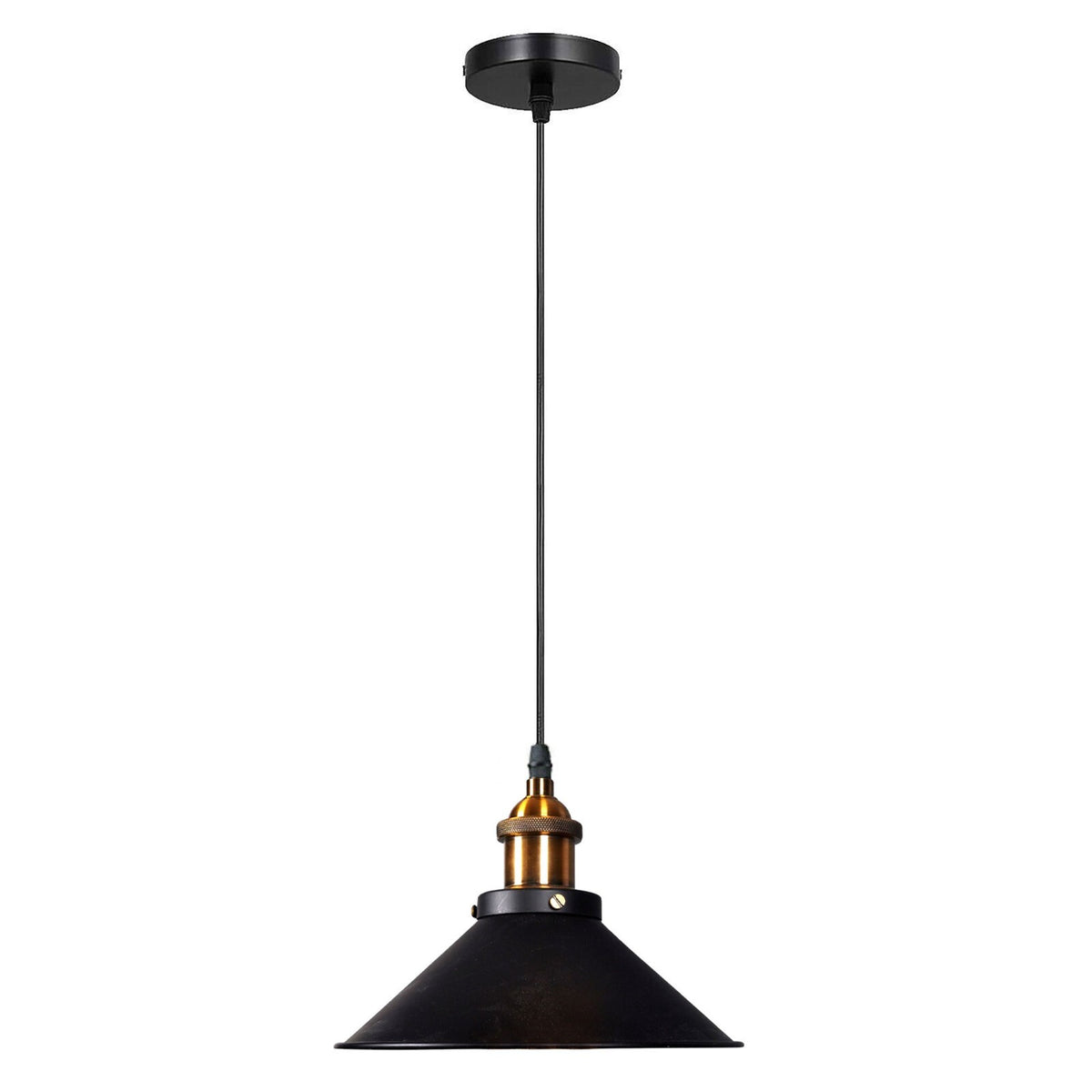 Brass Pendant Light – 25+ Metal Domes, Barn & Flat Shades, E27 - Yellow Brass, Flat Cone 22 cm Black & Gold, Without Bulb