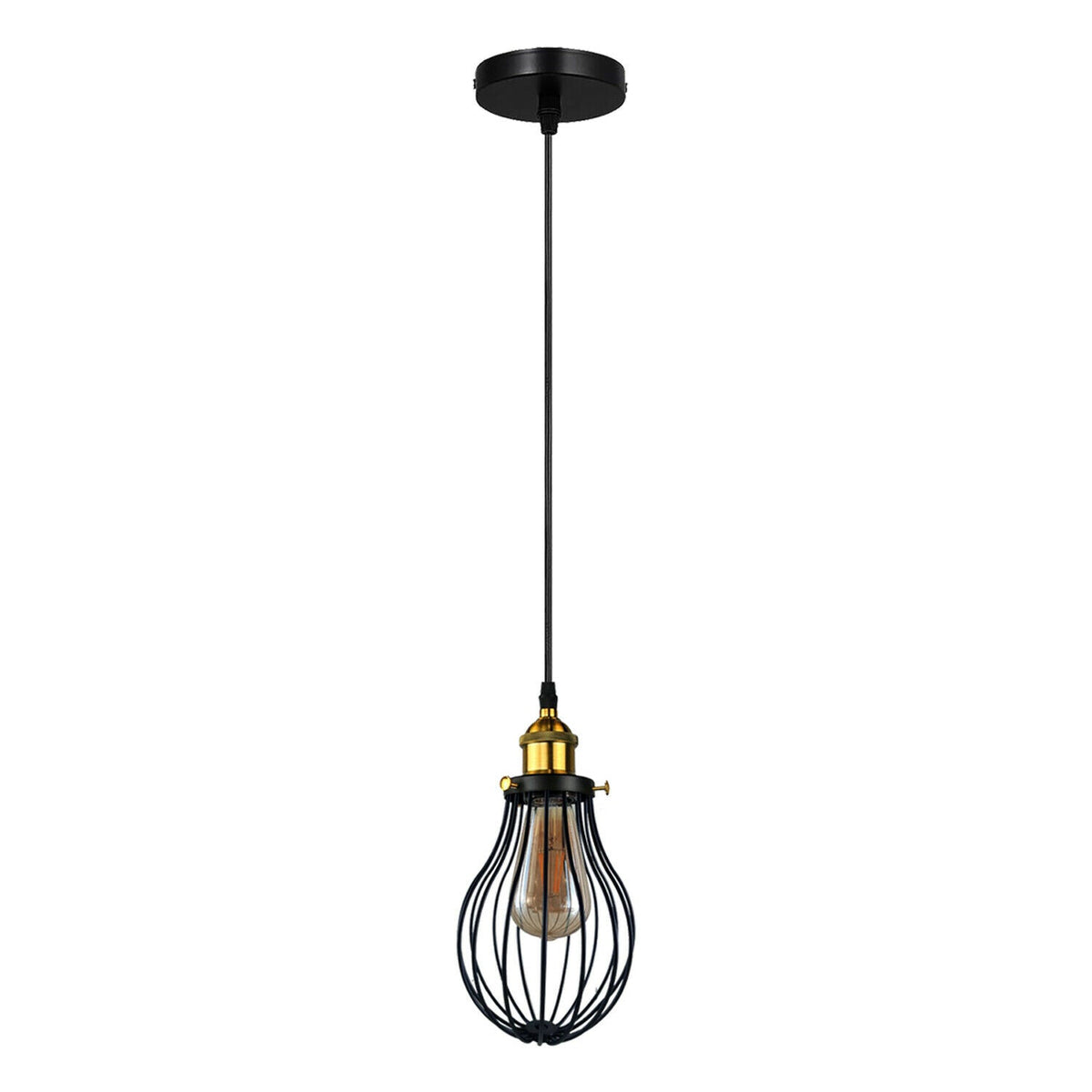 Brass Pendant Light – 25+ Metal Domes, Barn & Flat Shades, E27 - Yellow Brass, Bulb Cage Black, ST64 LED Bulb 4W
