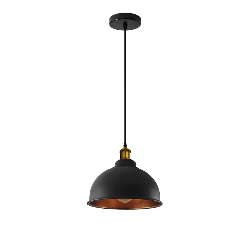 Brass Pendant Light – 25+ Metal Domes, Barn & Flat Shades, E27 - Yellow Brass, Curvy 21 cm Black & Gold, ST64 LED Bulb 4W