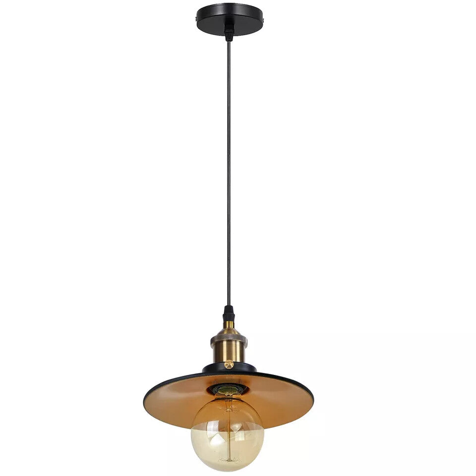 Brass Pendant Light – 25+ Metal Domes, Barn & Flat Shades, E27 - Yellow Brass, Wide Flat Shade Black & Gold, G125 LED Bulb 8W