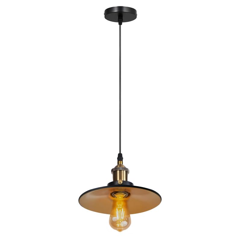 Brass Pendant Light – 25+ Metal Domes, Barn & Flat Shades, E27 - Yellow Brass, Wide Flat Shade Black & Gold, ST64 LED Bulb 4W