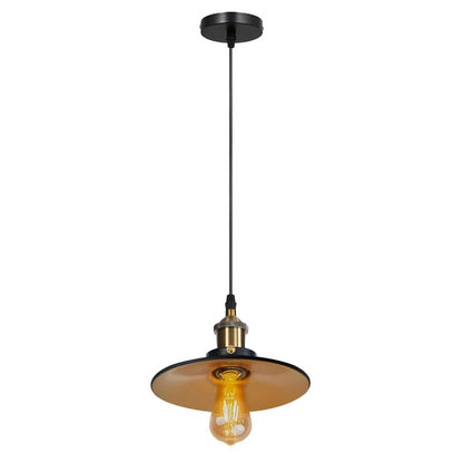 Brass Pendant Light – 25+ Metal Domes, Barn & Flat Shades, E27 - Yellow Brass, Wide Flat Shade Black & Gold, ST64 LED Bulb 4W