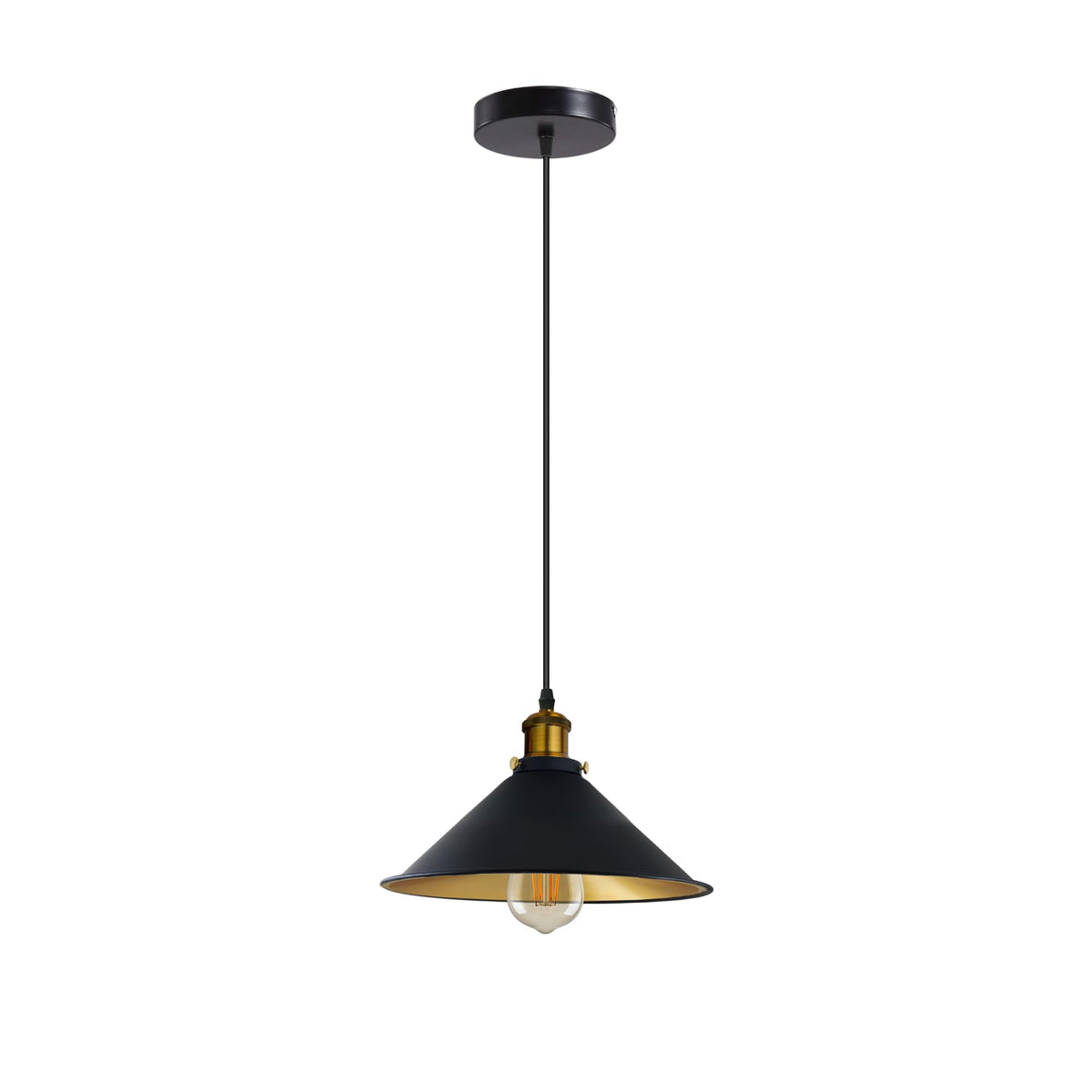 Brass Pendant Light – 25+ Metal Domes, Barn & Flat Shades, E27 - Yellow Brass, Flat Cone 22 cm Black & Gold, ST64 LED Bulb 4W