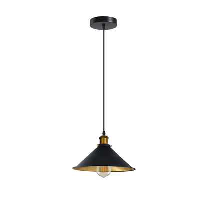 Brass Pendant Light – 25+ Metal Domes, Barn & Flat Shades, E27 - Yellow Brass, Flat Cone 22 cm Black & Gold, ST64 LED Bulb 4W