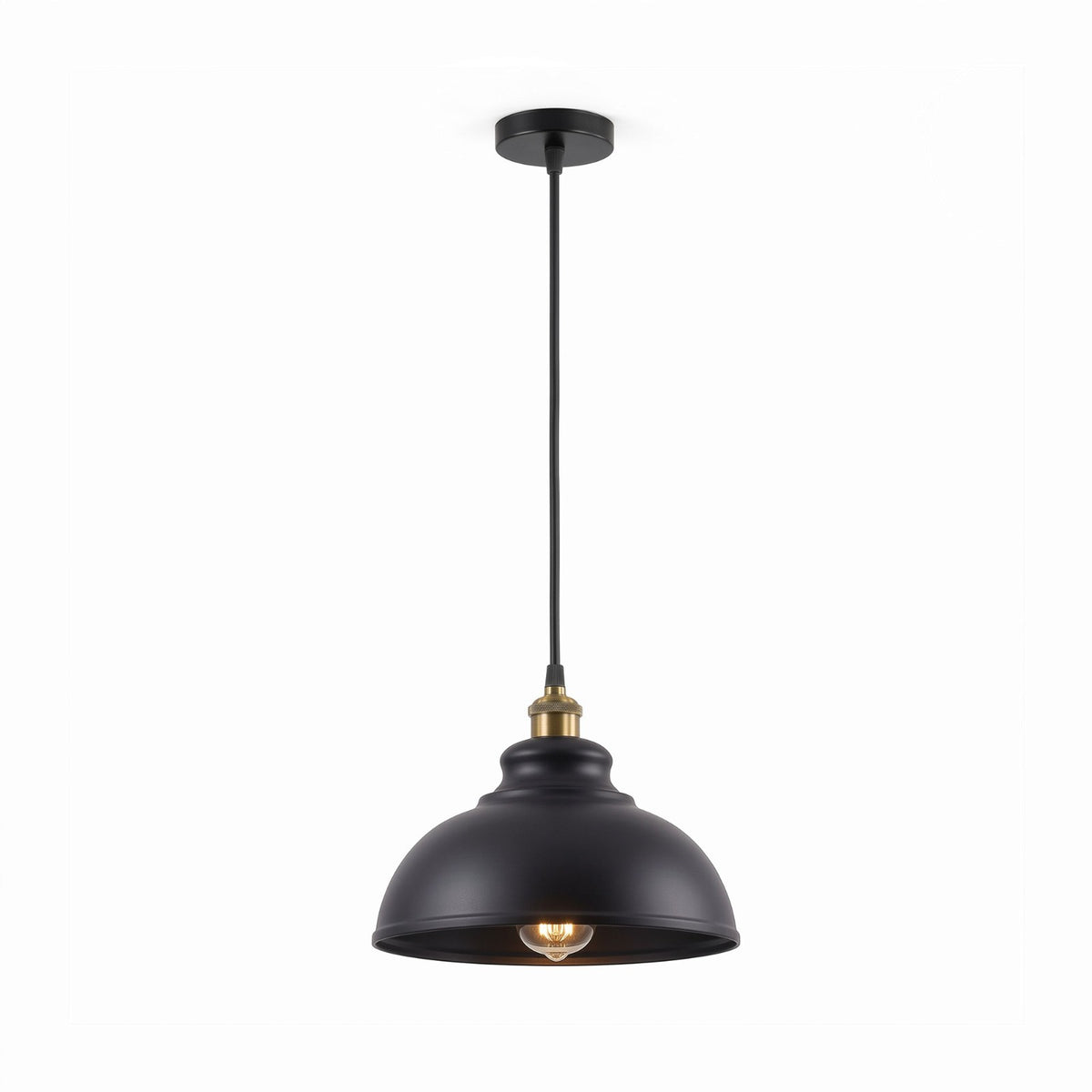 Brass Pendant Light – 25+ Metal Domes, Barn & Flat Shades, E27 - Yellow Brass, Curvy 29 cm Black, Without Bulb