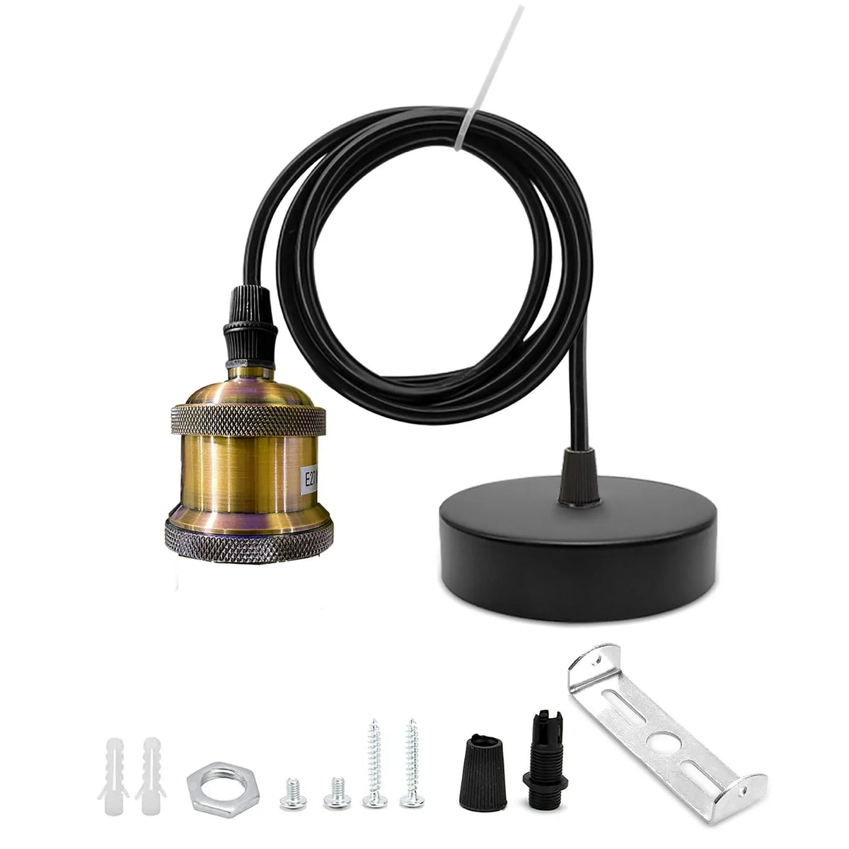 Brass Pendant Light – 25+ Metal Domes, Barn & Flat Shades, E27 - Yellow Brass, No Shade, Without Bulb