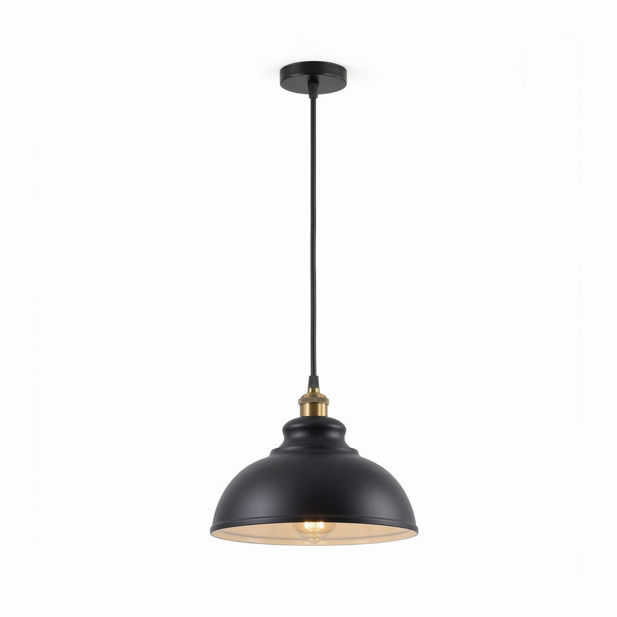 Brass Pendant Light – 25+ Metal Domes, Barn & Flat Shades, E27 - Yellow Brass, Curvy 29 cm Black & White Inner, Without Bulb
