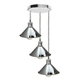 3-Light Chrome Cluster Pendant – Flat Cone Shades, Grey Twisted Cable - Chrome, Flat Cone 22 cm Chrome, ST64 LED Bulb 4W