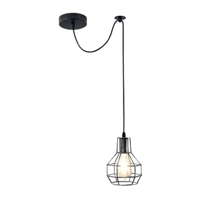 Swag Pendant Light Fitting – 2 m Black Cable, Ceiling Hook, E27 - Black, Wire Cage Holder, 12 cm Rose, Without Bulb