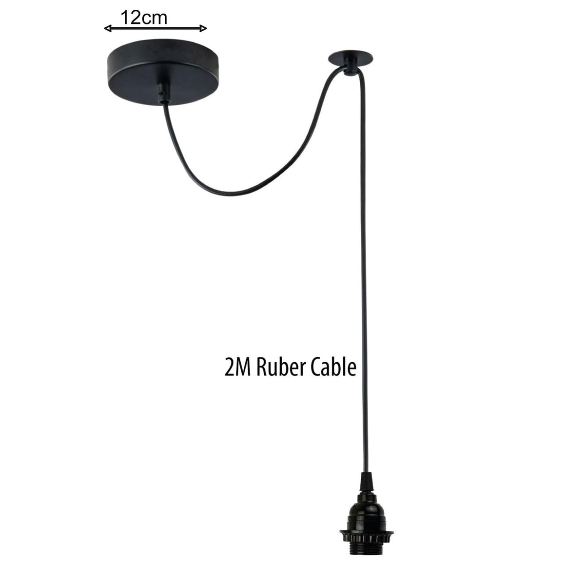 Swag Pendant Light Fitting – 2 m Black Cable, Ceiling Hook, E27 - Black, Standard Holder, 12 cm Rose, Without Bulb